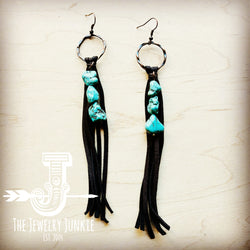 Leather Fringe Earrings with Turquoise Chunks Brown 218p