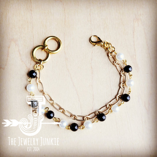 *Black and Pearl Gold Bracelet with Paperclip Chain 807z