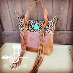 Tejas Brown Leather Bucket Hide Handbag w/ Leopard & Turquoise 512b