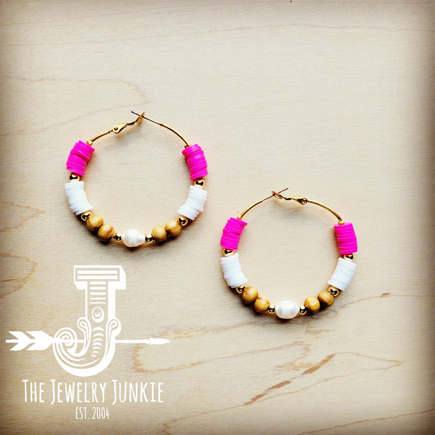 **Hot Pink, Wood and Pearl Hoop Earrings 217i