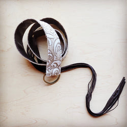 Sandy White Floral Leather Belt with Leather Fringe Closure 907k