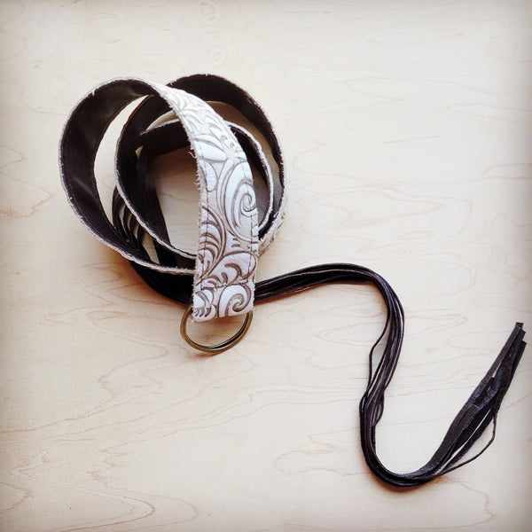 Sandy White Floral Leather Belt with Leather Fringe Closure 907k