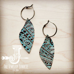 Antique Gold Hoop Earrings w/ Turq Paisley Leather Dangle 213o