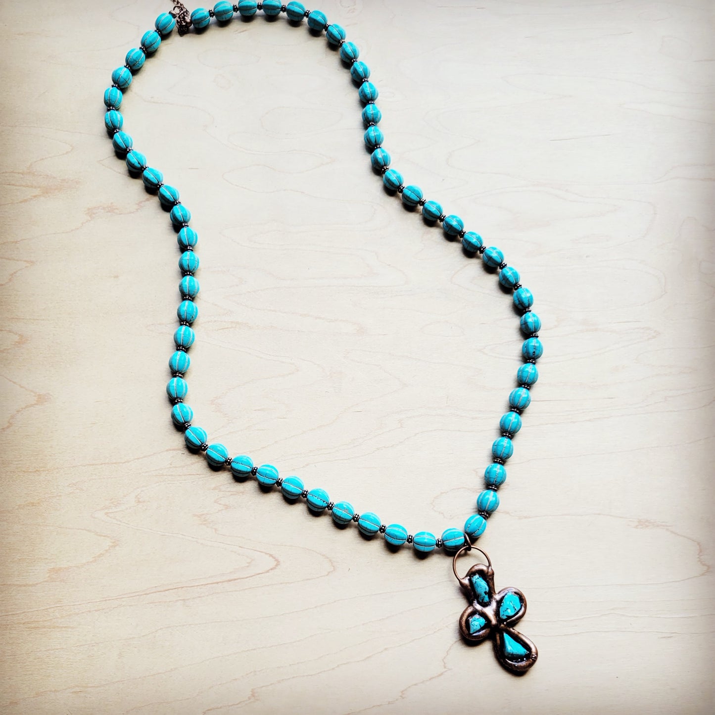 Blue Turquoise Melon Beaded Necklace w/ Copper Cross 260g