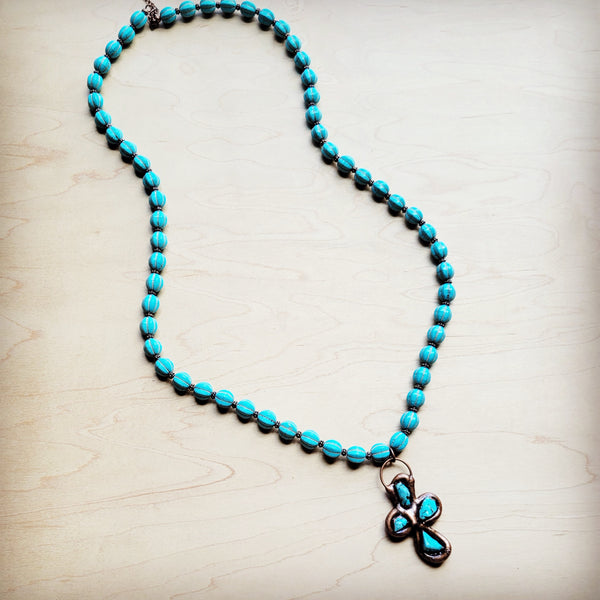 Blue Turquoise Melon Beaded Necklace w/ Copper Cross 260g