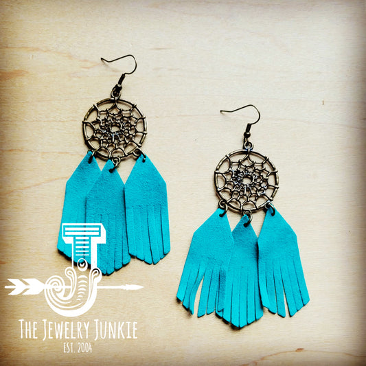 **Small Dream Catcher Earrings w/ Leather Fringe-Turquoise 216d