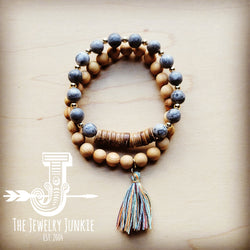 *Labradorite Hematite and Wood Stretch Bracelet Set 807uu