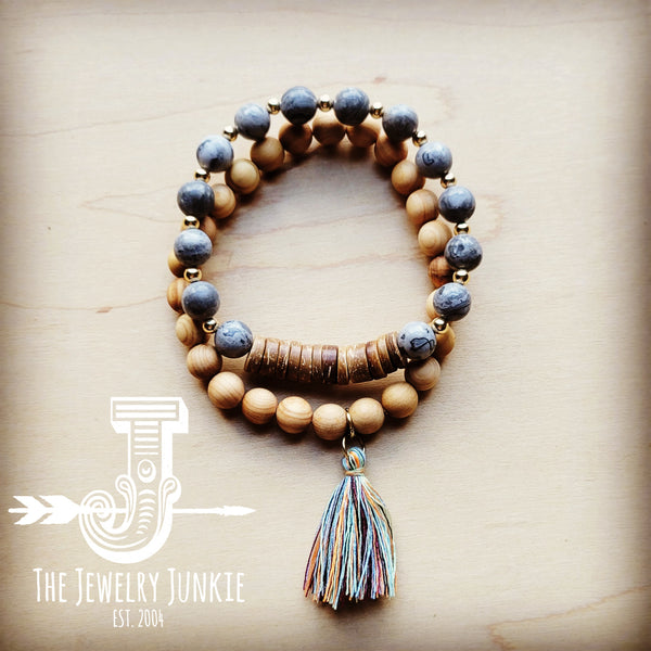 *Labradorite Hematite and Wood Stretch Bracelet Set 807uu
