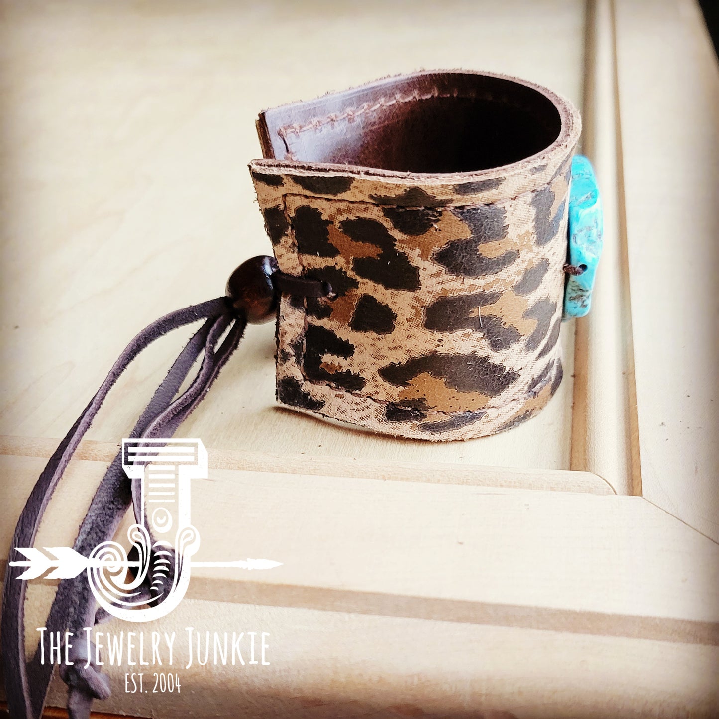 *Leather Cuff w/ Leather Tie-Suede Leopard & Turquoise Slab 013u