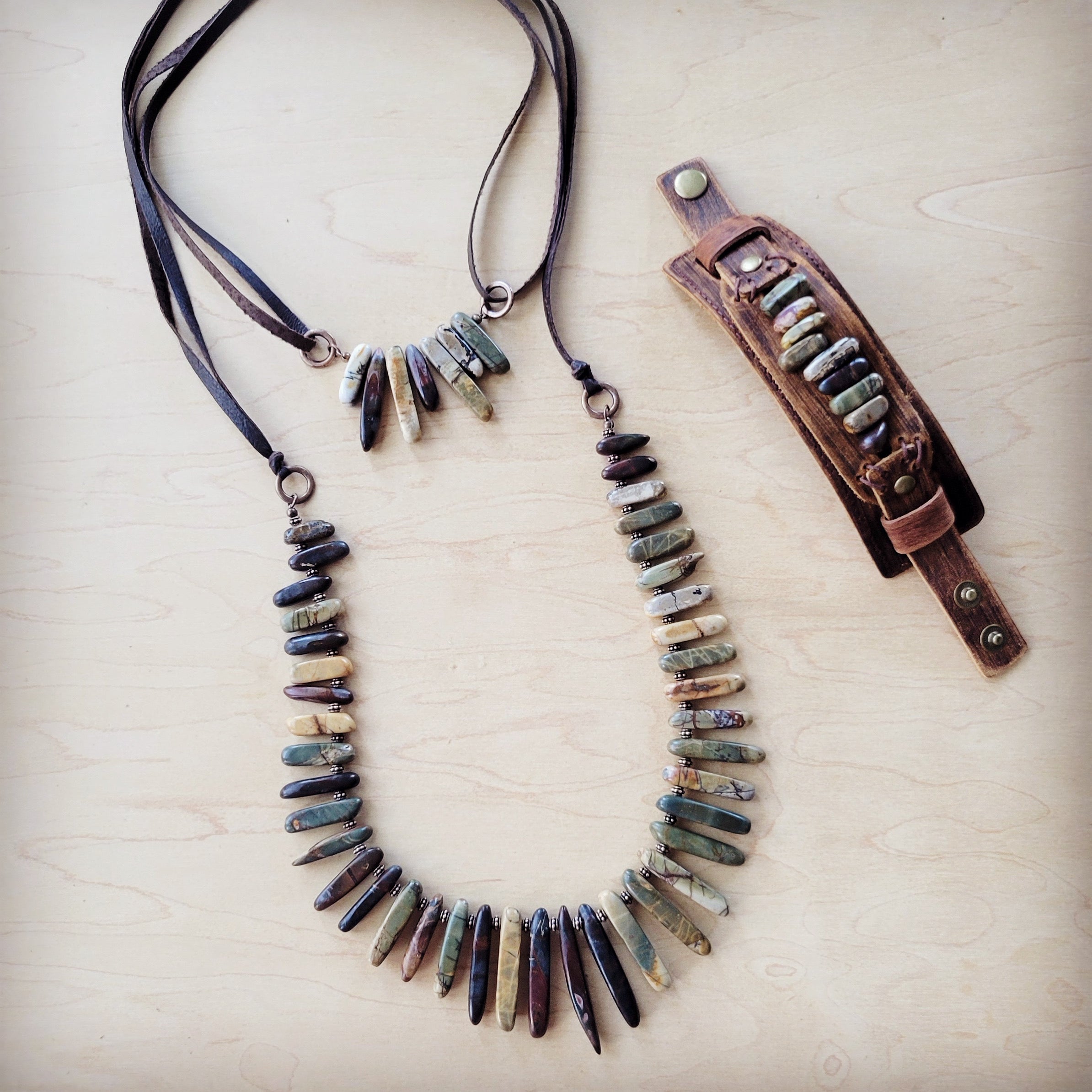 Genuine Leather Cuff with Picasso Jasper Gemstone Chunks 005c