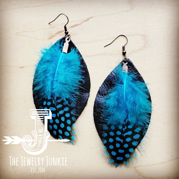 Western Leather Oval Earrings Black with Turquoise Feather 216L