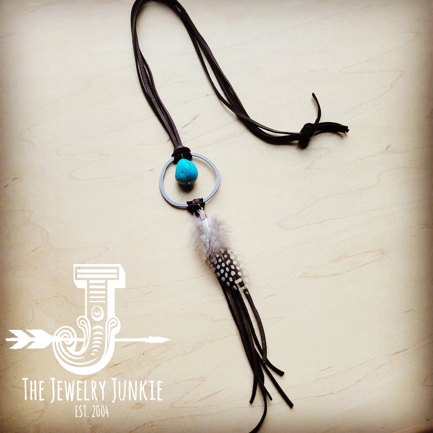Brown Boho Leather Necklace w/ Turquoise & Spotted Feathers 256t