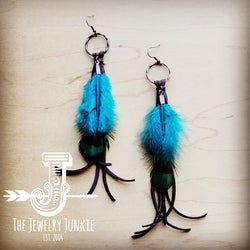 Boho Brown Deer Skin Leather Tassel Earring-Turquoise Feather 216x