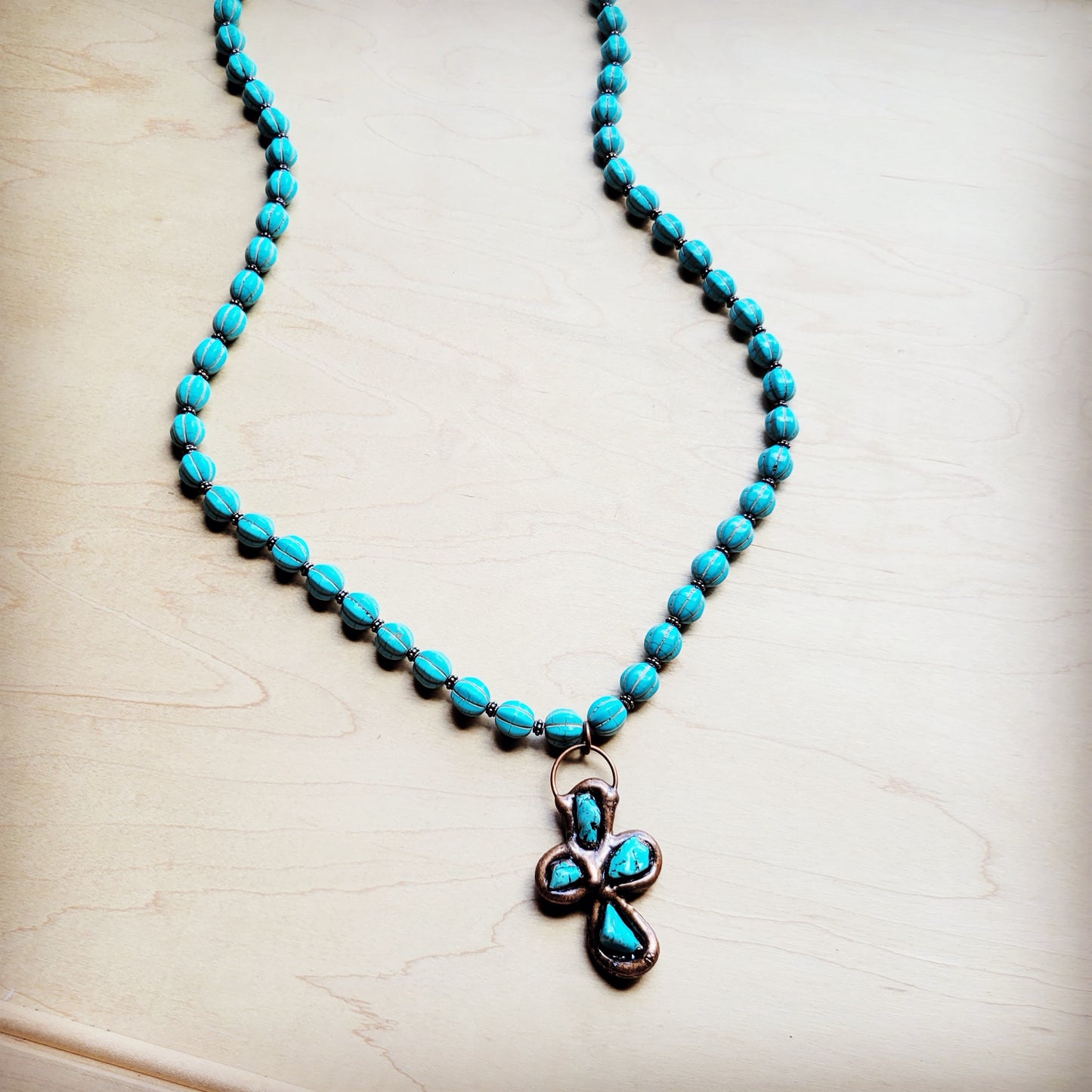Blue Turquoise Melon Beaded Necklace w/ Copper Cross 260g