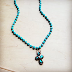 Blue Turquoise Melon Beaded Necklace w/ Copper Cross 260g