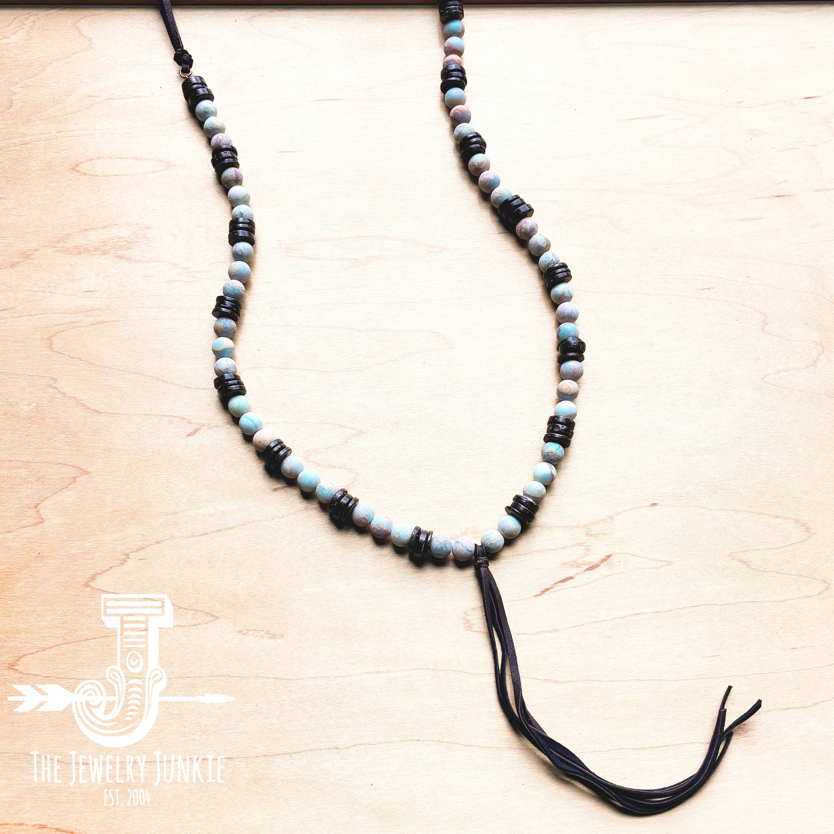 Frosted Aqua Terra Necklace with Wood Beads and Leather Tassel