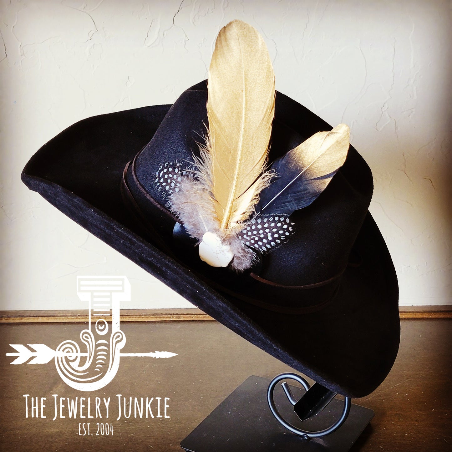 Gold Feather, White Stone & Black Leather Hat Band
