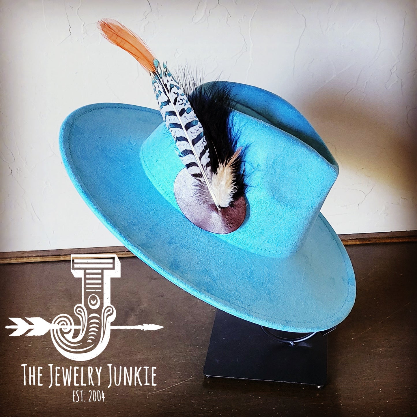 Boho Western Hat w/ Feather Tie Hat Baby Blue 982u