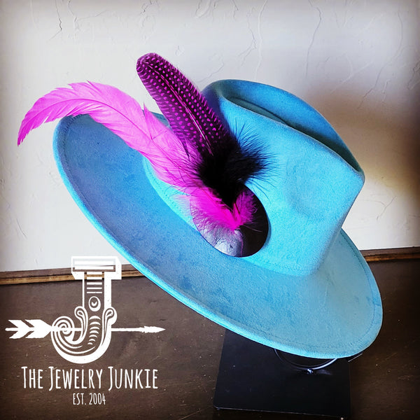 Boho Western Hat w/ Feather Tie Hat Baby Blue 982u