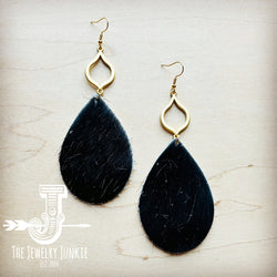 **Hair Hide Leather Teardrop Earrings Black w/ Matte Gold Dangle 219u