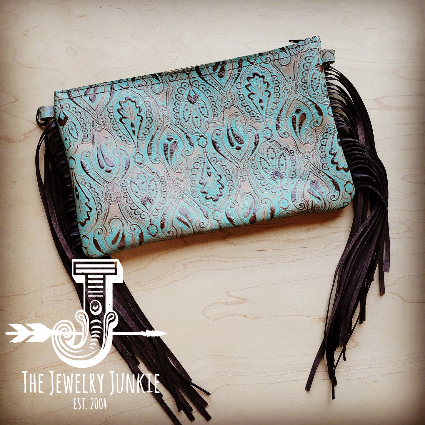 Embossed Napolis Turquoise Leather Clutch Handbag 511v