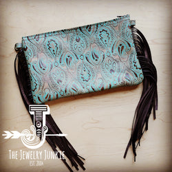 Embossed Napolis Turquoise Leather Clutch Handbag 511v