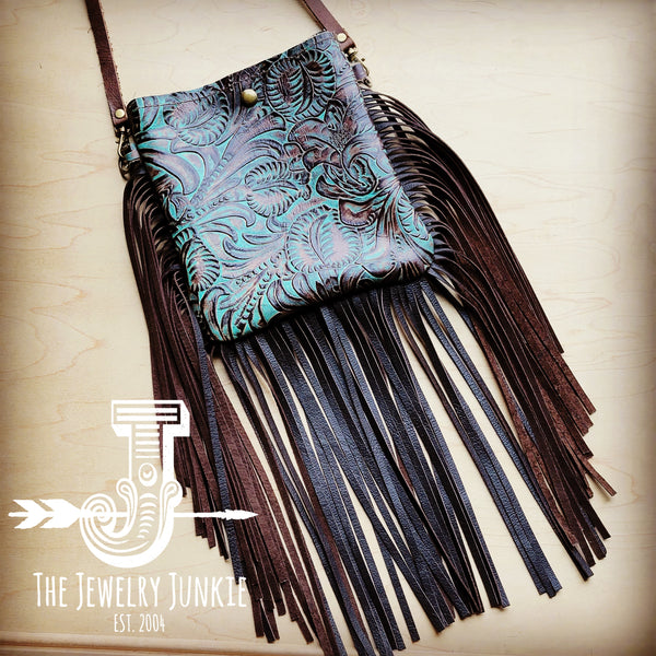 Small Crossbody Handbag w/ Turquoise Floral Leather Full Fringe 511i