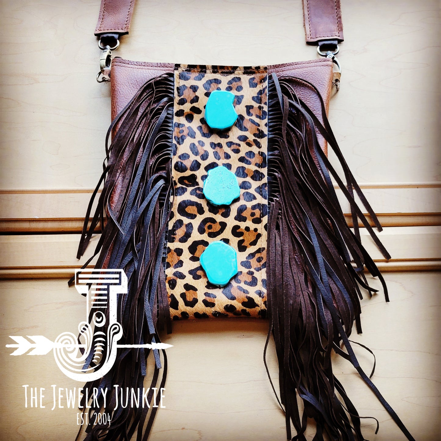 Brown Leather Crossbody Handbag w/ Leopard & Turquoise Slabs 512f
