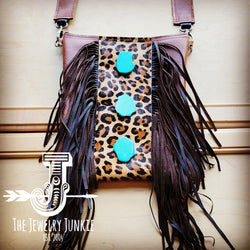 Brown Leather Crossbody Handbag w/ Leopard & Turquoise Slabs 512f