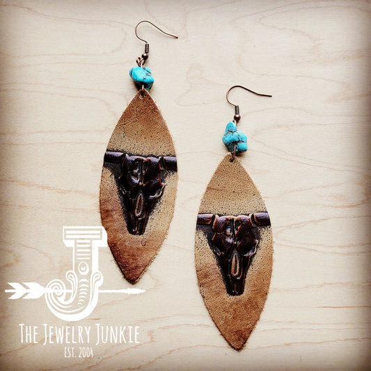 *Leather Oval Earrings in Tan Steer w/ Turquoise Accent 206p