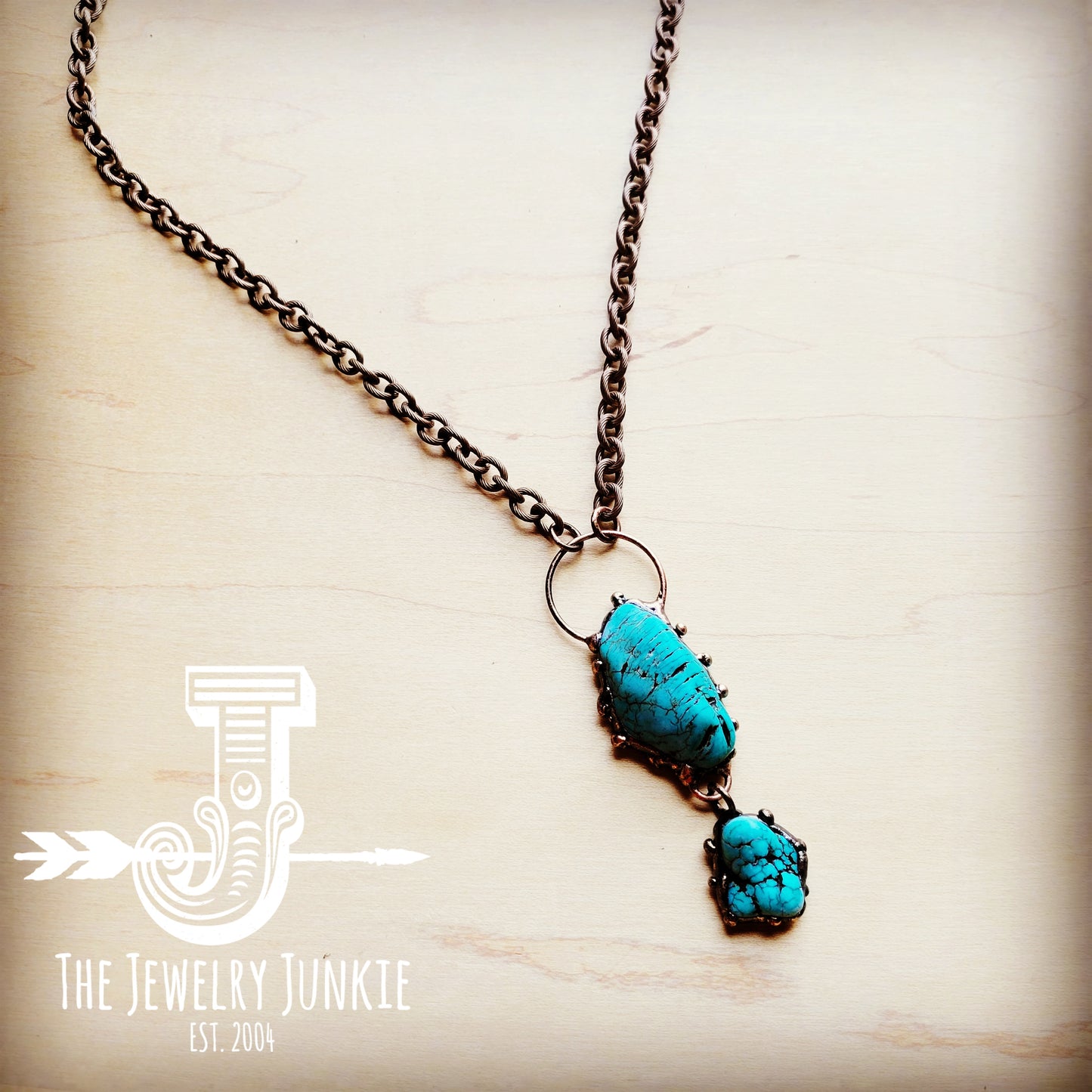 *Long Copper Necklace w/ Double Turquoise and Copper Pendant 256g