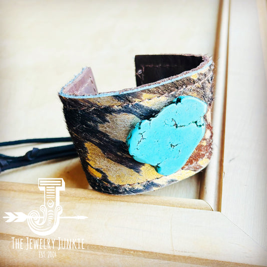Leather Cuff w/ Tie-Brown Gold Hair-on-Hide w/ Turquoise Slab 007L