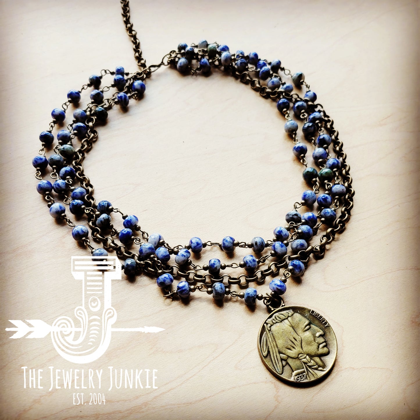 *Blue Spot Collar-Length Necklace with Indian Head Coin 255u
