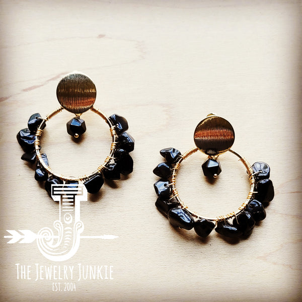 Black Beaded Hoop Earrings with Gold Accents 217L