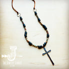 Aqua Terra and Wood Necklace with Copper Cross