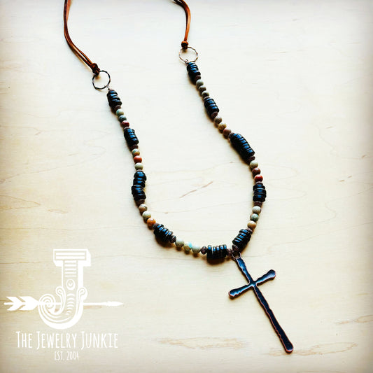 Aqua Terra and Wood Necklace with Copper Cross