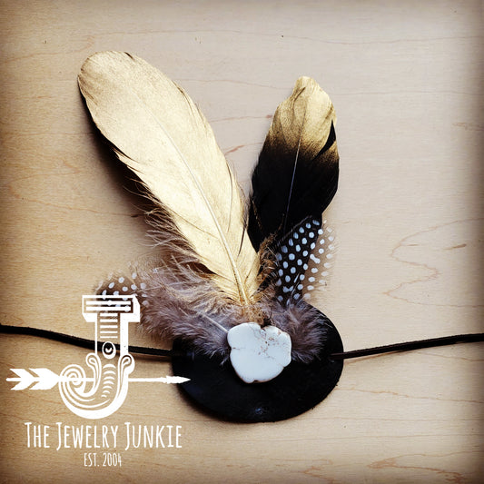 Gold Feather, White Stone & Black Leather Hat Band