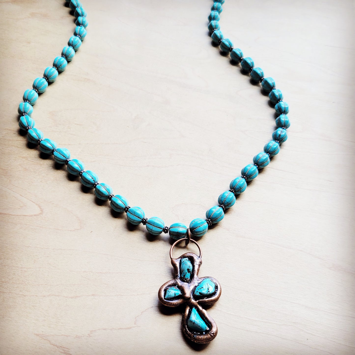 Blue Turquoise Melon Beaded Necklace w/ Copper Cross 260g