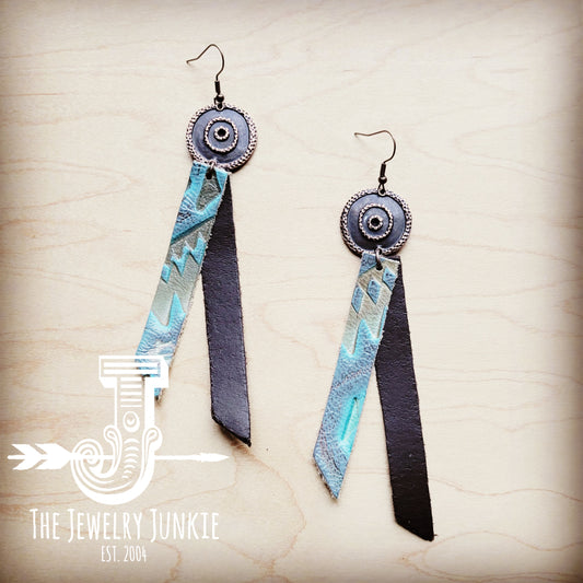 *Leather Rectangle Earrings in Aztec Cyan 213f