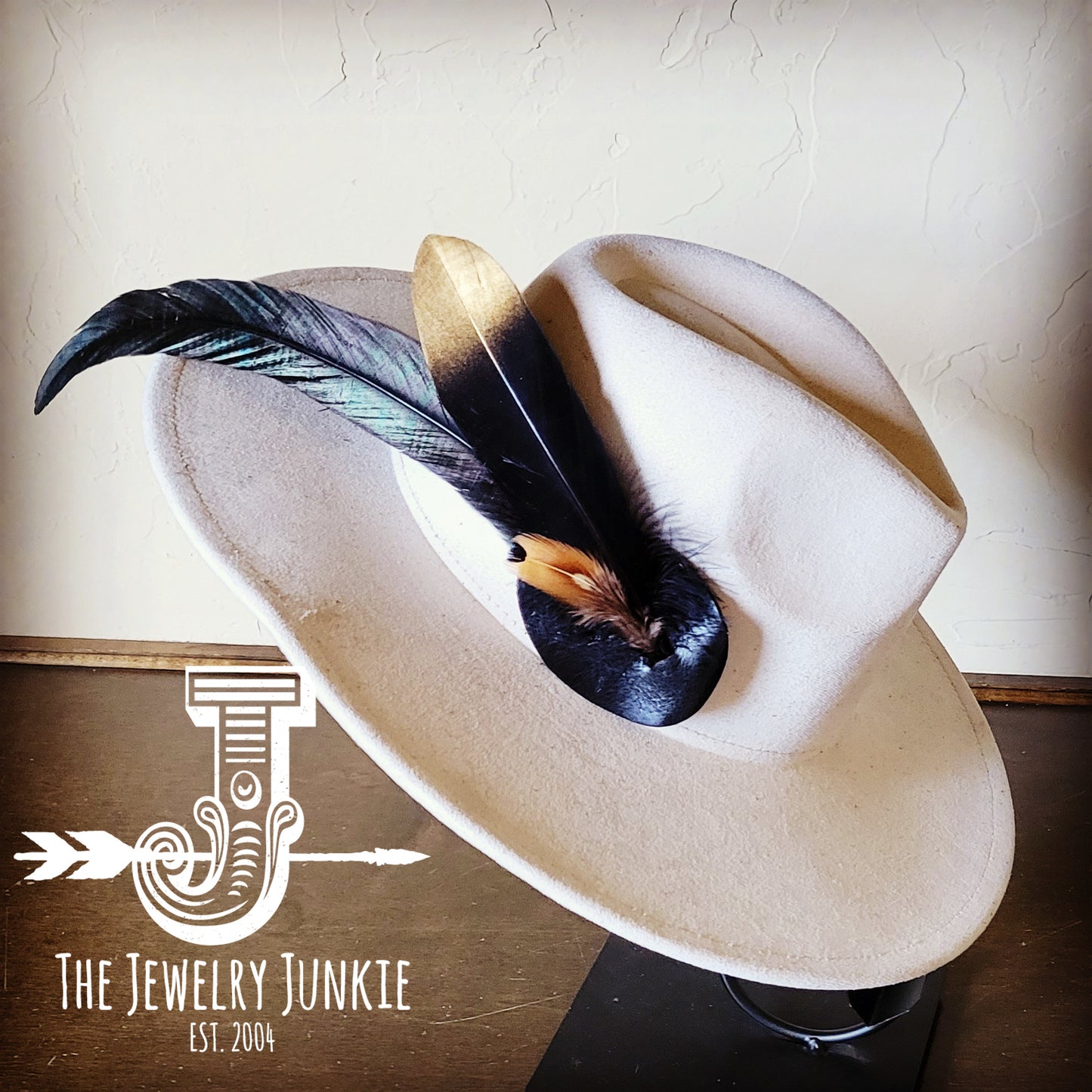 Boho Western Hat w/ Feather Tie Hat Band-Bone 982m