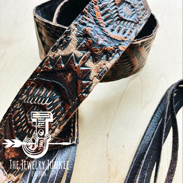 Copper Aztec Leather Belt with Leather Fringe Closure 906j