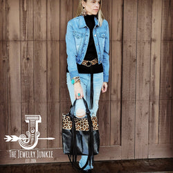 Tejas Brown Leather Bucket Handbag w/ Leopard & Triple Turquoise 511z