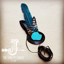 Blue Turquoise, Blue Feather & Leather Hat Band (Band Only) 980y