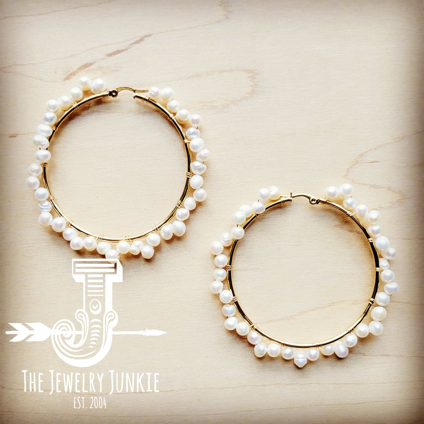 Genuine Freshwater Pearl Large Beaded Hoop Earrings in Gold 217o