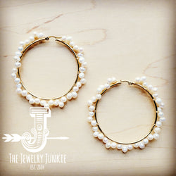 Genuine Freshwater Pearl Large Beaded Hoop Earrings in Gold 217o