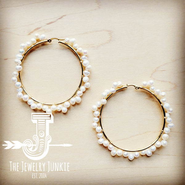 Genuine Freshwater Pearl Large Beaded Hoop Earrings in Gold 217o