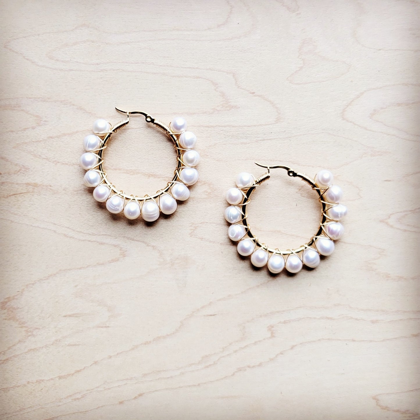 Wire Wrapped Freshwater Pearl Beaded Hoop Earrings 221b