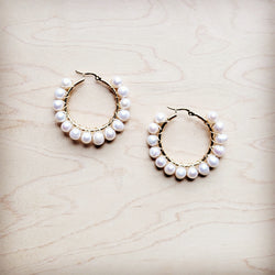 Wire Wrapped Freshwater Pearl Beaded Hoop Earrings 221b