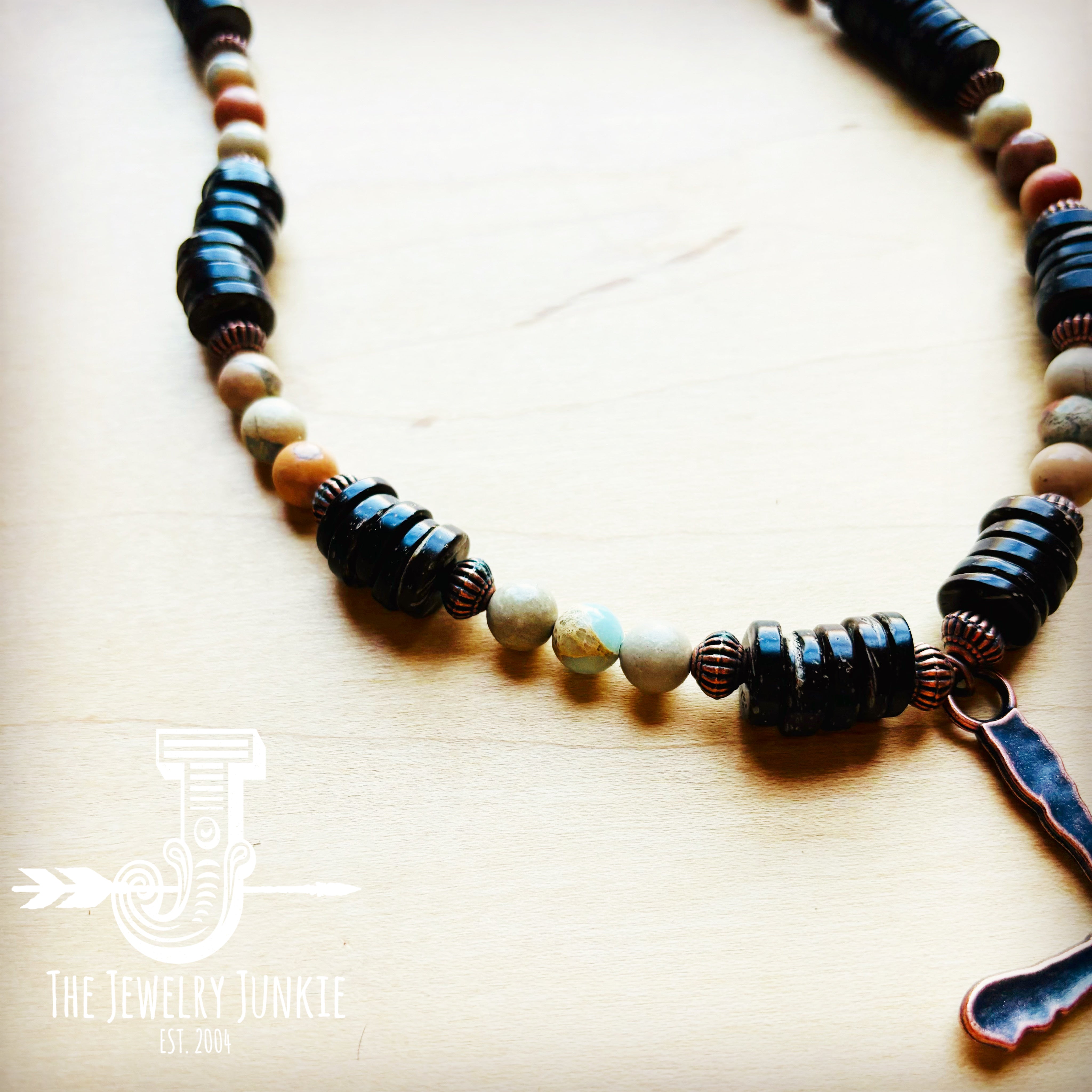 Aqua Terra and Wood Necklace with Copper Cross