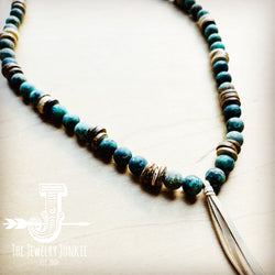 Frosted African Turquoise Necklace w/ Wood Beads & Leather Tassel 257z